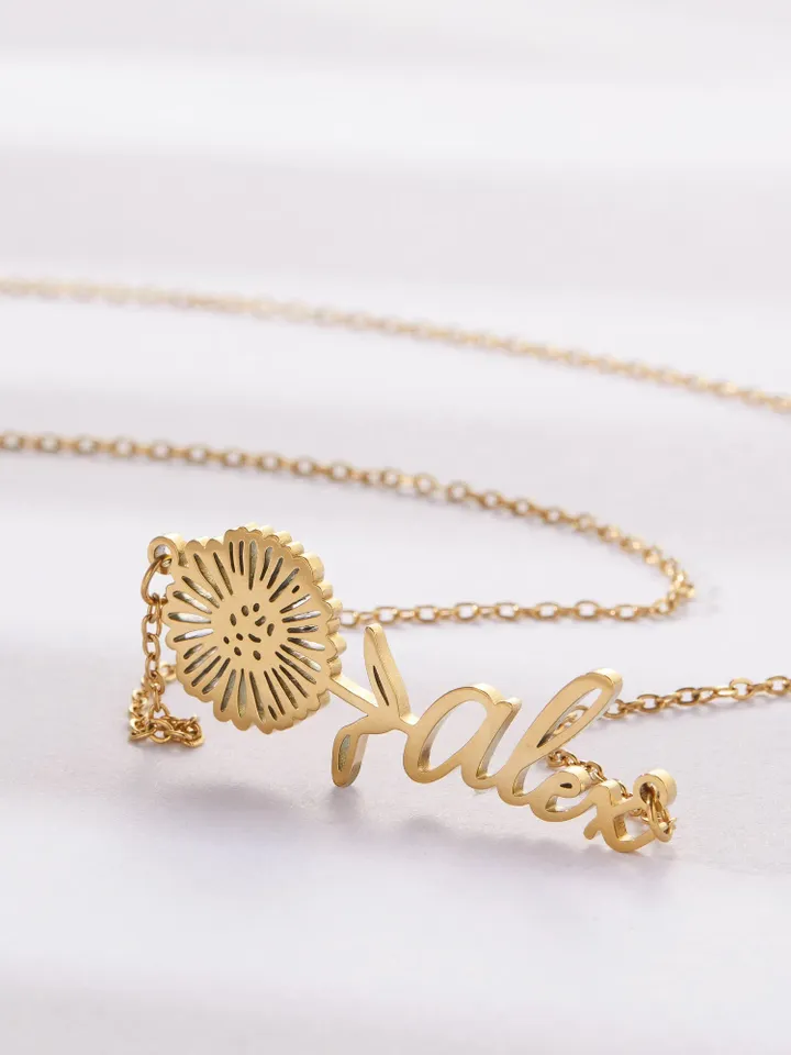 PERIMADE Birth Flower Name Necklace • Custom Horizontal Name Necklace • Gold Friendship Birthday Jewelry • Trendy Best Friend Gift