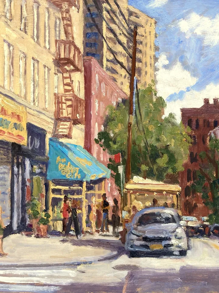 Original Bronx Cityscape Painting - An Beal Bocht Cafe/NYC - 12x12 Oil on Panel, Impressionist Landscape