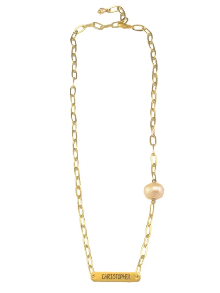 Dainty Name Engraved Necklace, Gold Nameplate Necklace, Personalized Bar Necklaces Women, Bridal Necklace with Pearl, Mom Grandma Gift
