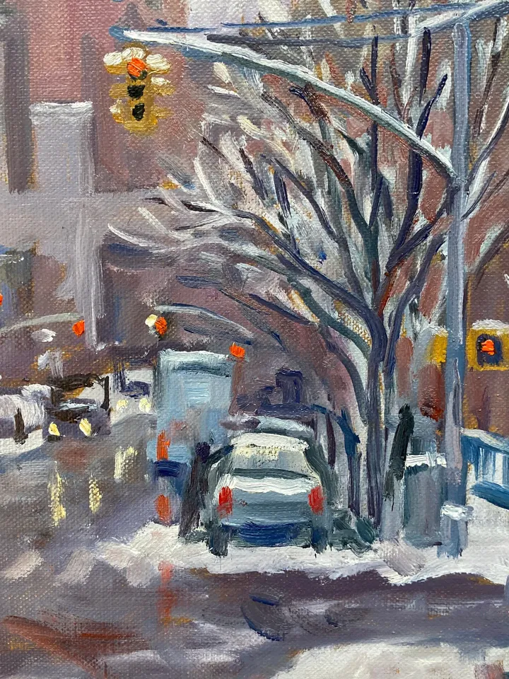 Original New York Cityscape Painting - Morning Snow/Avenue D/NYC- 16x20 Oil on Linen, Urban Impressionist Winter Scene, Original Landscape