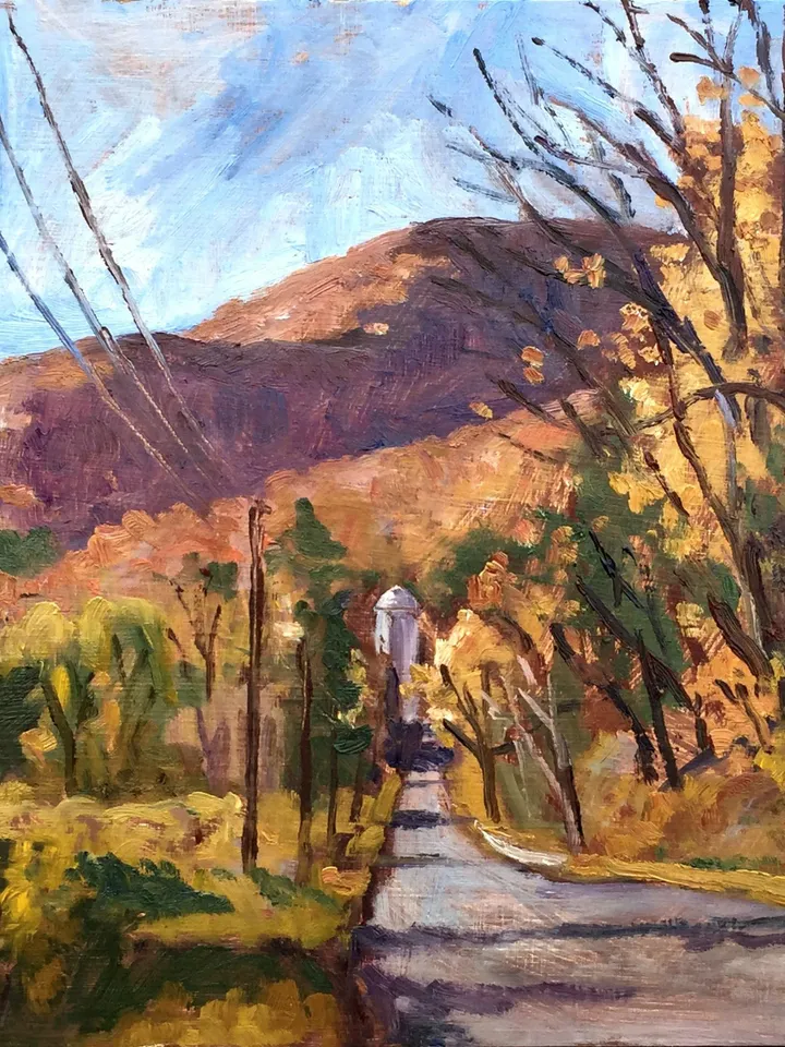 Original 10x10 Autumn Landscape Painting -Up Sloan Road/Berkshires- Oil on Panel, American Plein Air Scene, Signed Impressionist Fine Art