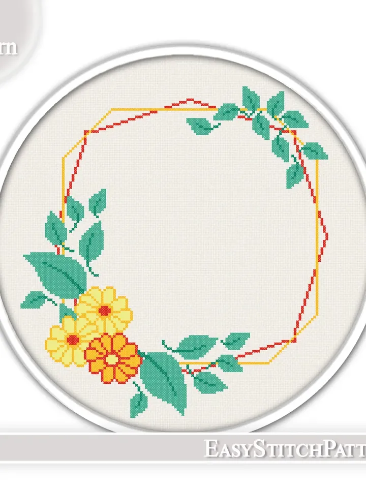 Cross Stitch Pattern Flower. Wreath cross stitch pattern. Flower frame cross stitch.