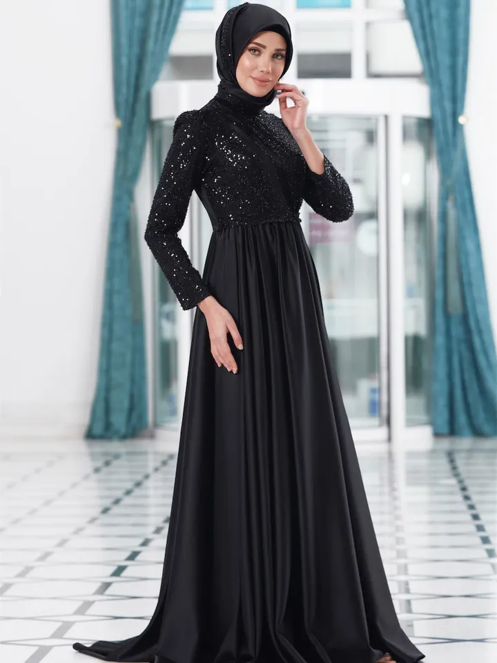 AHUNARE HIJAB - Berra  Black Satin Wedding Dress, Muslim Evening Gown, Nikah, Islamic Wedding, Engagement, Bridesmaid,