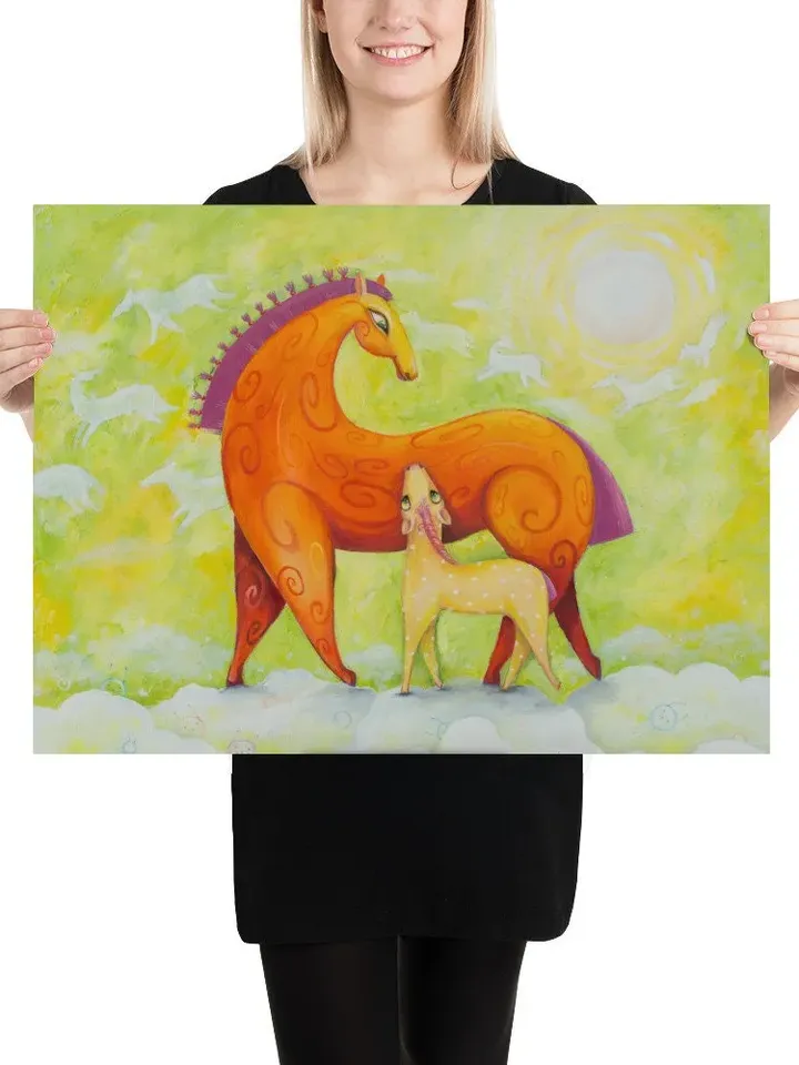 Orange sunny Horses on the clouds, Horse and foal, Bright decorative painting, Wall decor, Red stallion, Poster from the original painting