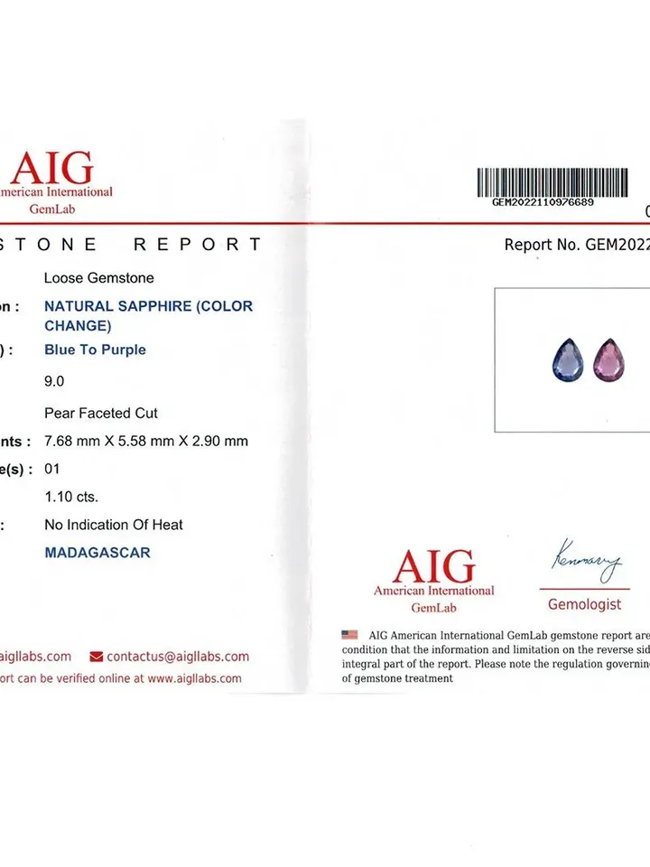 1.10 CT AIG Certified Unique Rarest 100% Natural Unheated Color Change Sapphire
