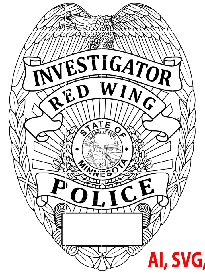 Police Badge, State of Minnesota Red Wing Police Investigator Badge, Logo, Seal, Custom, Ai, Vector, SVG, DXF, PNG, Digital
