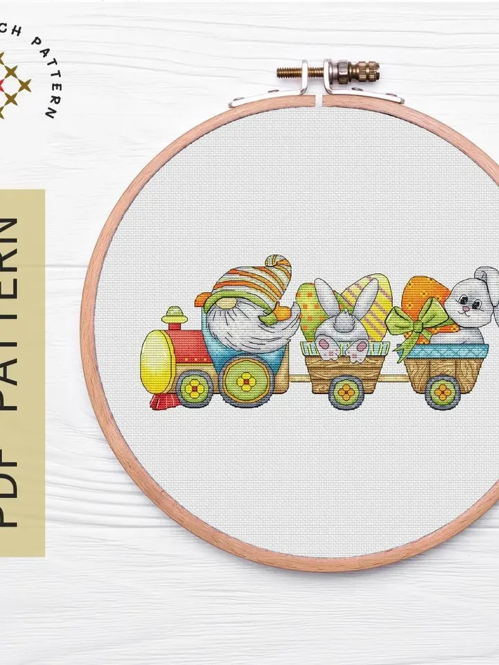 Easter Gnome Cross Stitch Pattern PDF, Easter Bunny Embroidery Pattern PDF, Modern cross stitch, Easter Train Cross Stitch Pdf Pattern