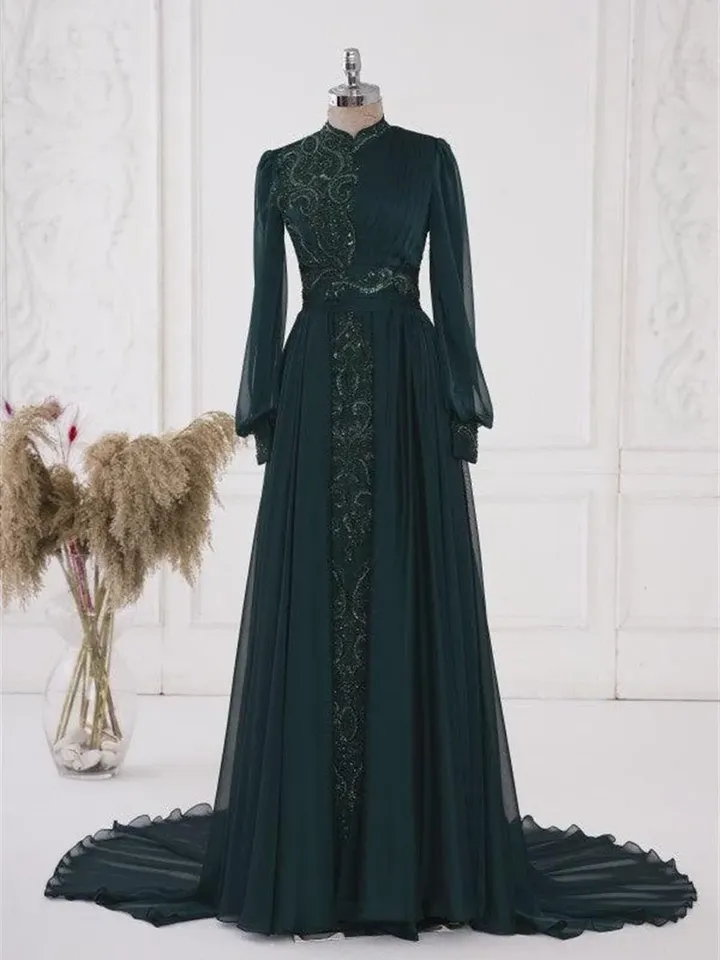 AHUNARE HIJAB - Elit Emerald Chiffon Tailed Wedding Dress, Muslim Evening Gown, Nikah, Islamic Wedding, Engagement, Bridesmaid,