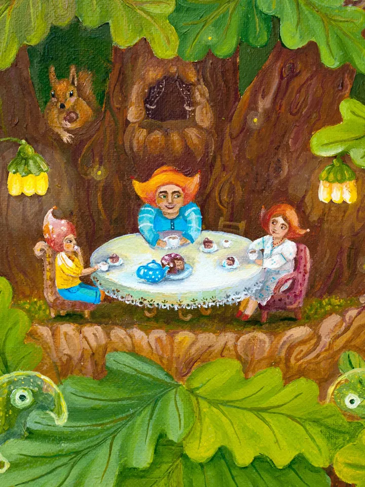 Big tree, Magic Oak with treehouses, little people, gnomes and elves, landscape, house art, Poster with author&#39;s painting, nursery décor