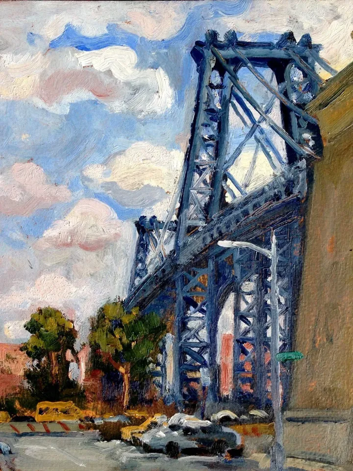 Small Original New York Cityscape Painting - Williamsburg Bridge/NYC - 8x8 Oil on Panel, Impressionist Landscape, Signed American Fine Art