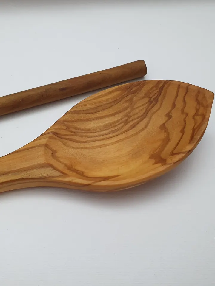 Handcrafted Wooden Spoon long 13.00" + Olive Wood Stirring Fork - Cooking accessories - AKwood Utensils - Made in Albania