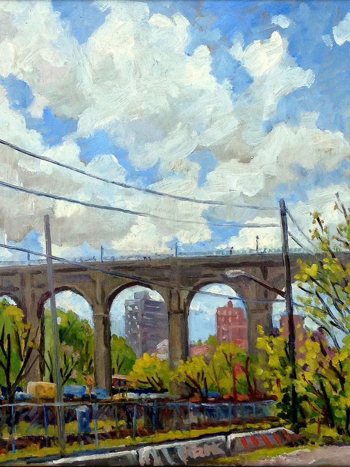 New York City Landscape Painting - Spring Light/High Bridge NYC - 11x14 Oil on Panel, Urban Industrial Realism, Signed Original Bronx Oil