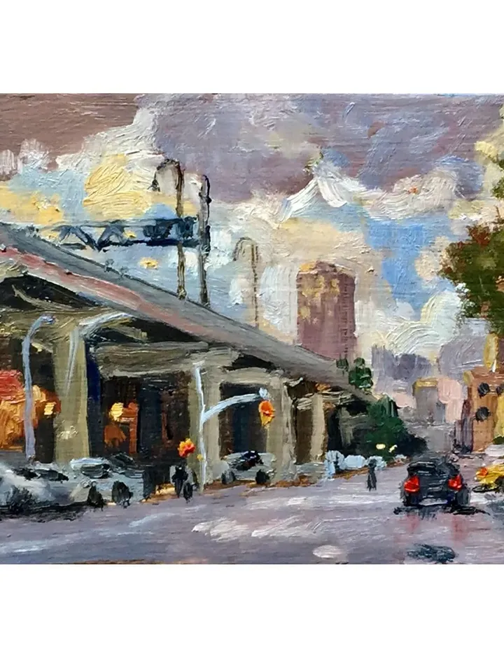 Small New York Oil Painting- Evening Sky/Williamsburg Bridge/NYC- 4x8 Oil on Panel, Urban Impressionist Fine Art, Signed Original Cityscape