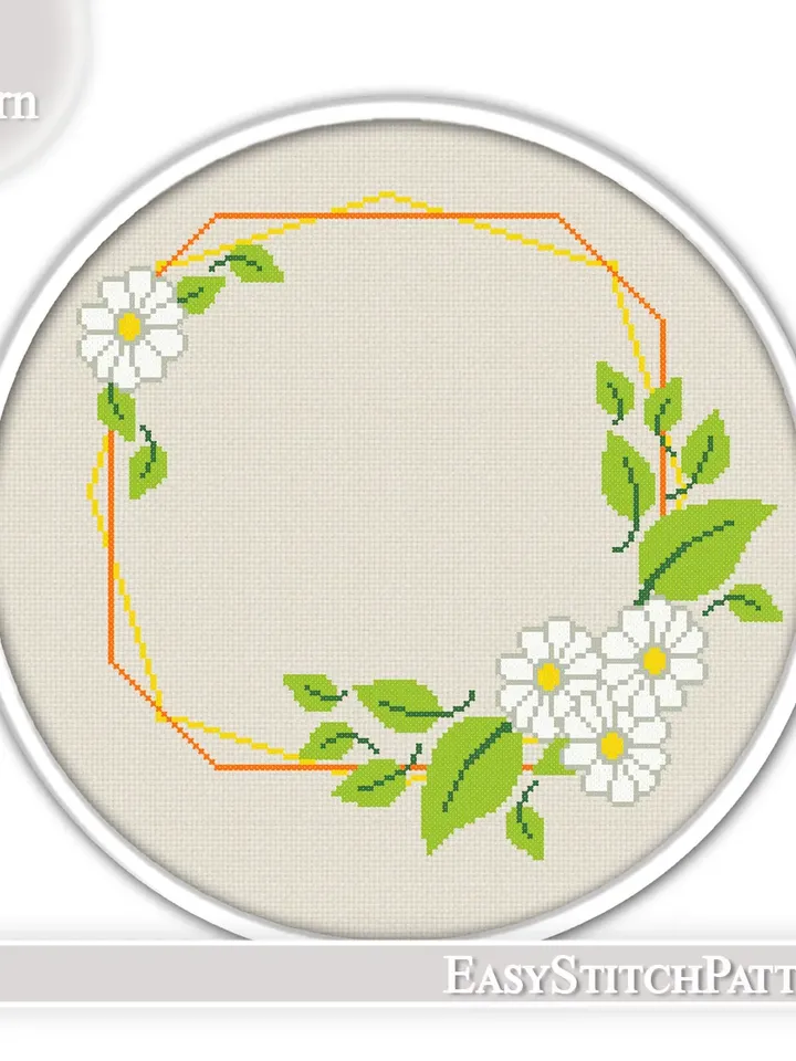 Cross Stitch Pattern Flower. Floral Wreath cross stitch. Flower frame cross stitch.