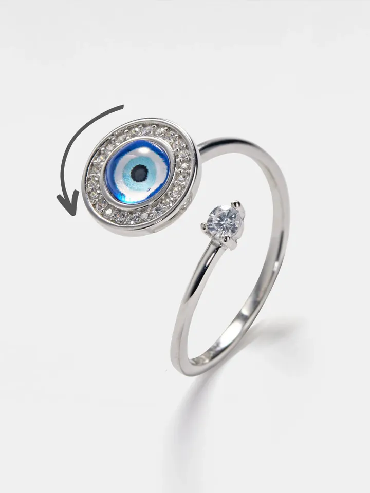 PERIMADE Evil Eye Fidget Spinner Ring • Blue Glass Evil Eye Anxiety Ring • Sterling Silver Friendship Jewelry • Trendy Best Friend Gift