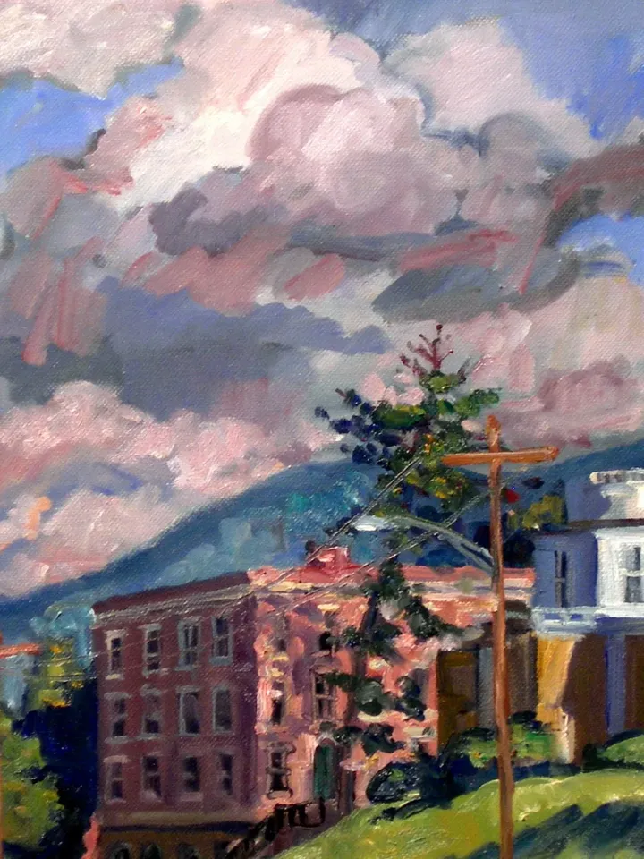 Williams College Landscape Painting - Summer Clouds/Williamstown - 16x16 Oil on Canvas, American Plein Air Impressionist Signed Original