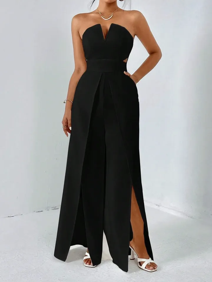 Black Solid Notched Neck Sleeveless Strapless Split Thigh Leg Tube Jumpsuit Women Ladies Casual Party Evening