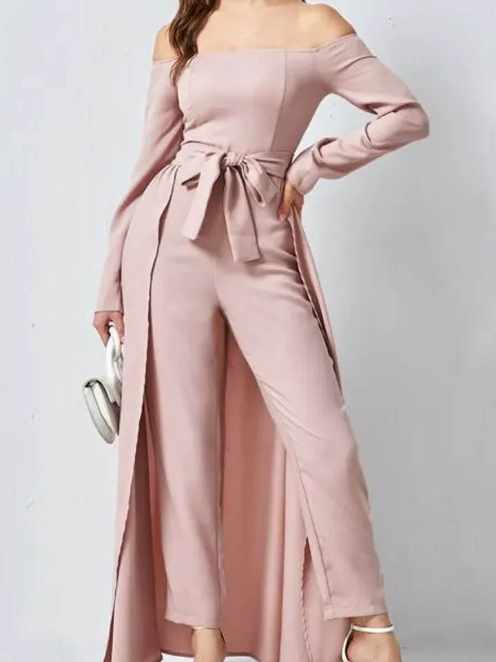 Off the Shoulder Long Sleeve Belted Jumpsuit With Skirt Women Ladies