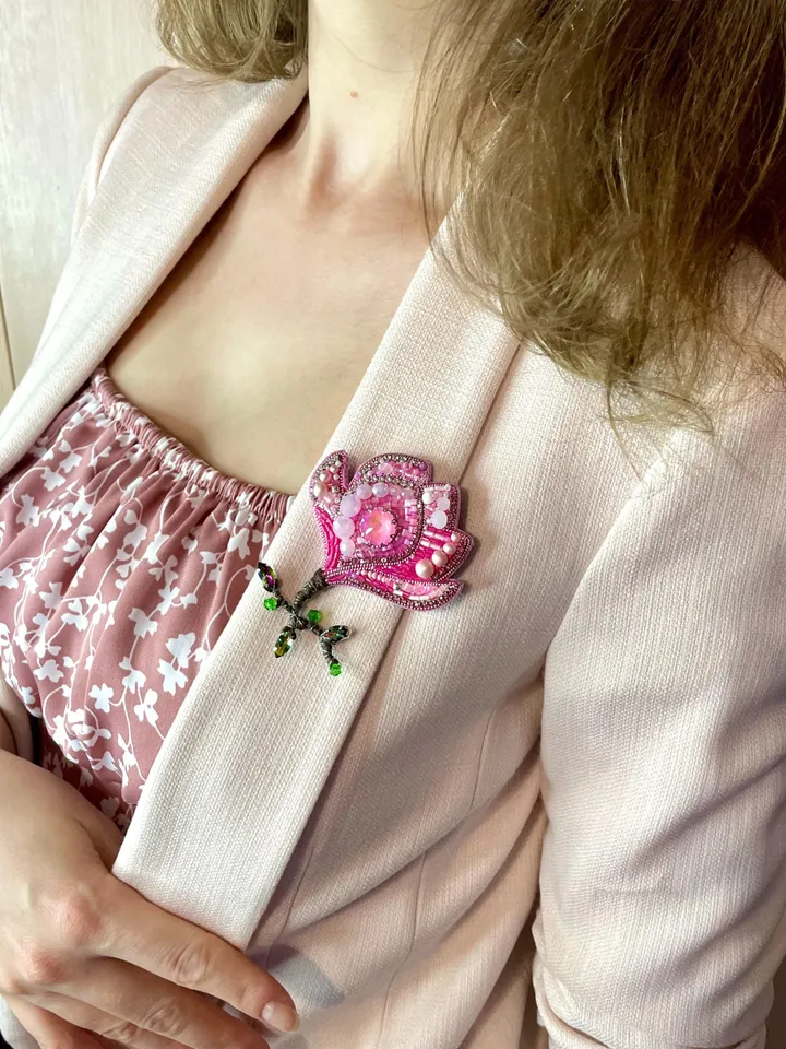 Magnolia Beaded Brooch, Handmade Embroidered Accessory, Crystal Flower of Pink Color Pin, Flower Brooch, Pink Flower