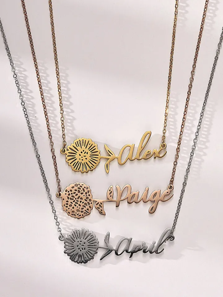 PERIMADE Birth Flower Name Necklace • Custom Horizontal Name Necklace • Gold Friendship Birthday Jewelry • Trendy Best Friend Gift