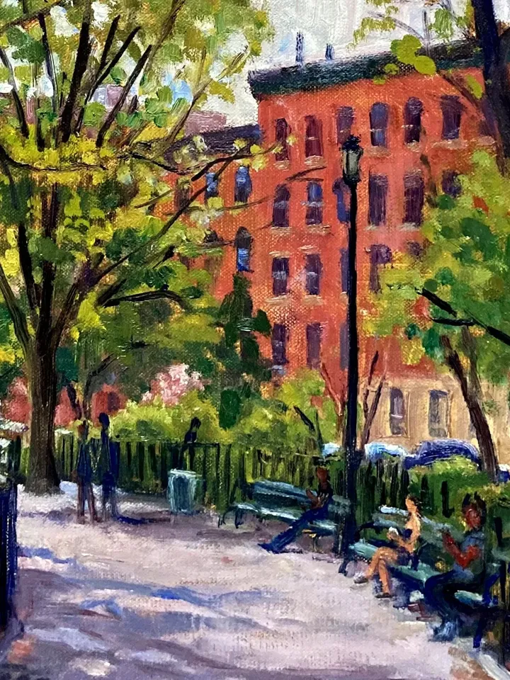 New York Cityscape Painting - From Tompkins Square Park/East Village NYC - 14x18 Oil on Canvas, Impressionist Landscape, Signed Original