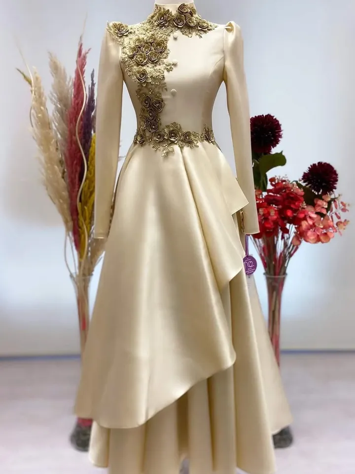 AHUNARE HIJAB - İnci  Gold Embroidered Wedding Dress, Muslim Evening Gown, Nikah, Islamic Wedding, Engagement, Bridesmaid,