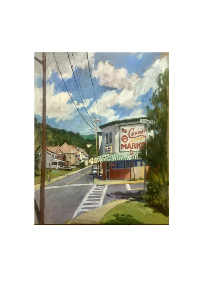Large Original Landscape Painting -Corner Market- 22x28 Oil on Linen, American Plein Air Impressionist Cityscape, Signed Original Fine Art