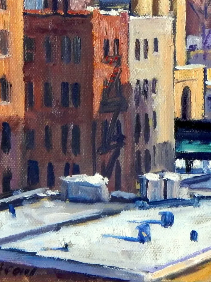 Original New York Cityscape Painting - Cool Snow/NYC- 11x14 Oil on Canvas, American Realist Snowy Winter Landscape, Signed Original Fine Art