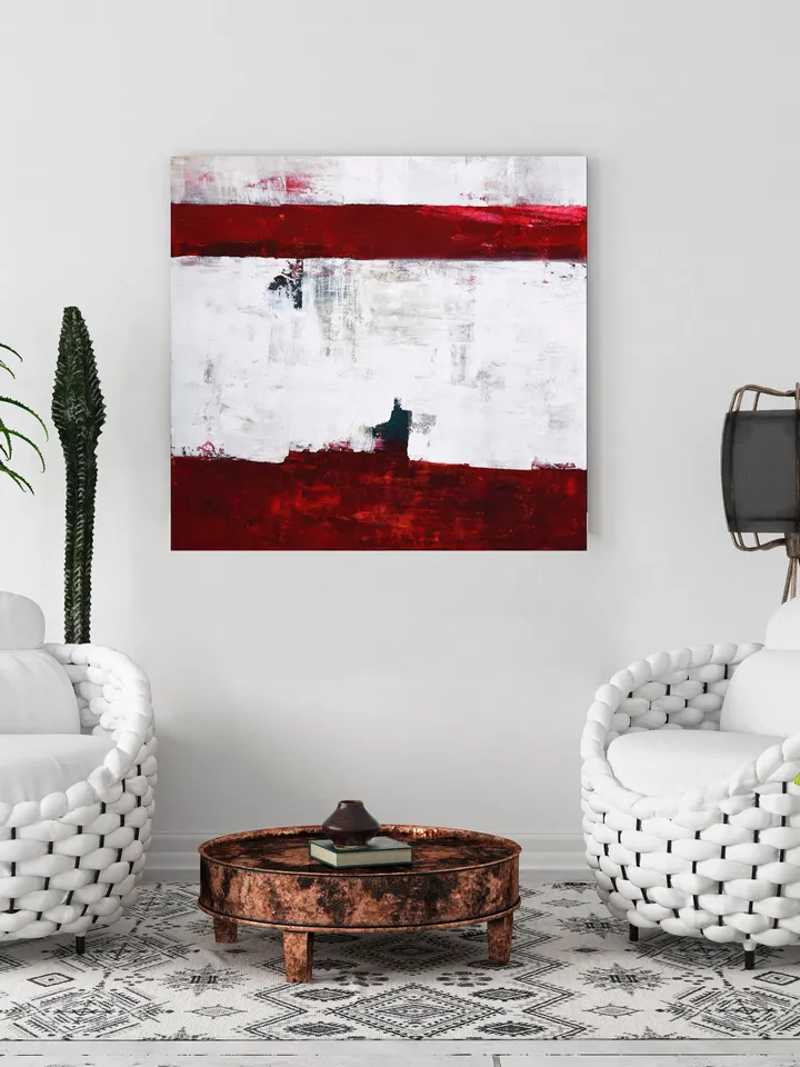 Red Abstract Painting on Canvas, Acrylic Painting on Canvas, Square Wall Art on 39x39 Inches, Minimal Line Abstract Art