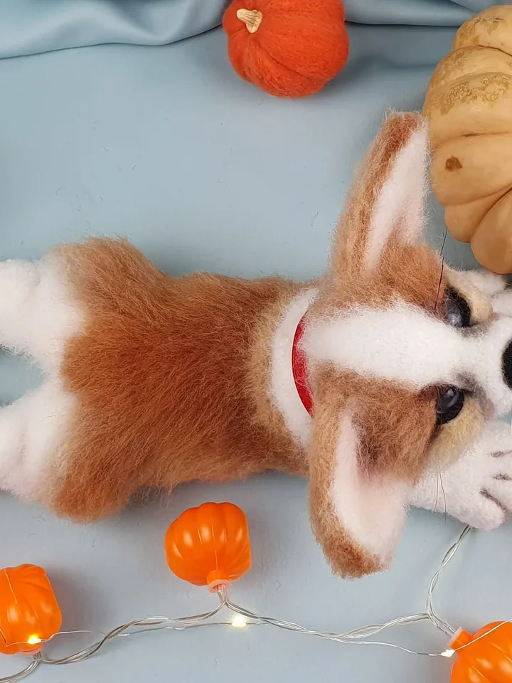 Corgi realistic puppy toy made of natural wool. Collectible toy pembroke corgi dog
