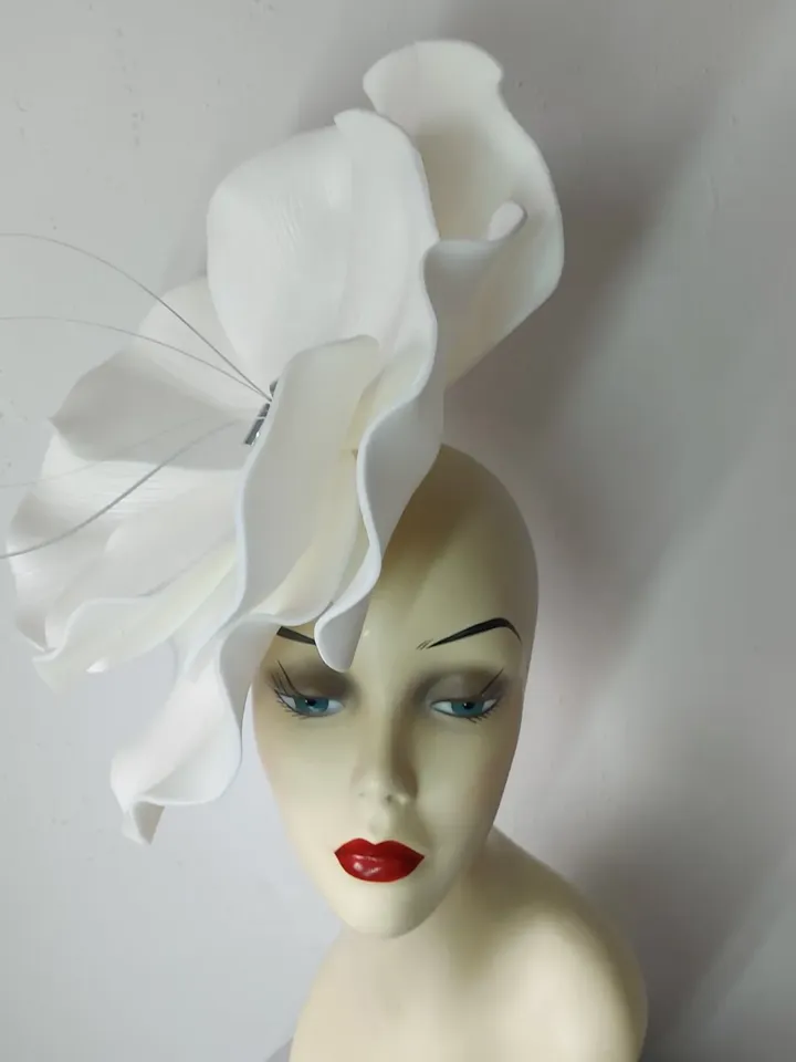Large flower fascinator White bridal headband Mirror bloom wedding accessory Church Hat custom hat design 2024