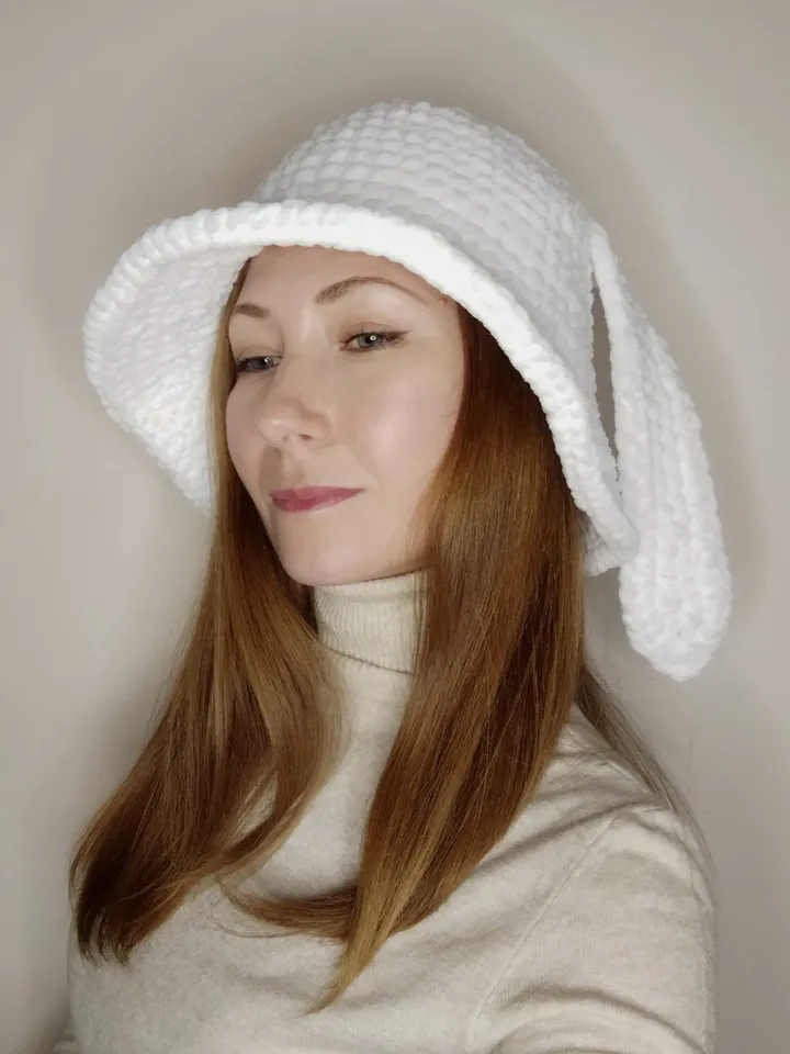 White bunny bucket hat with bunny ears Fluffy bucket hat crochet Gift for teens