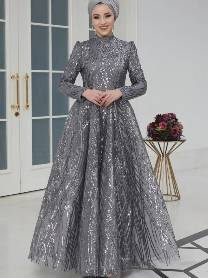 AHUNARE HIJAB - Prenses Grey Embroidered Wedding Dress, Muslim Evening Gown, Nikah, Islamic Wedding, Engagement, Bridesmaid,