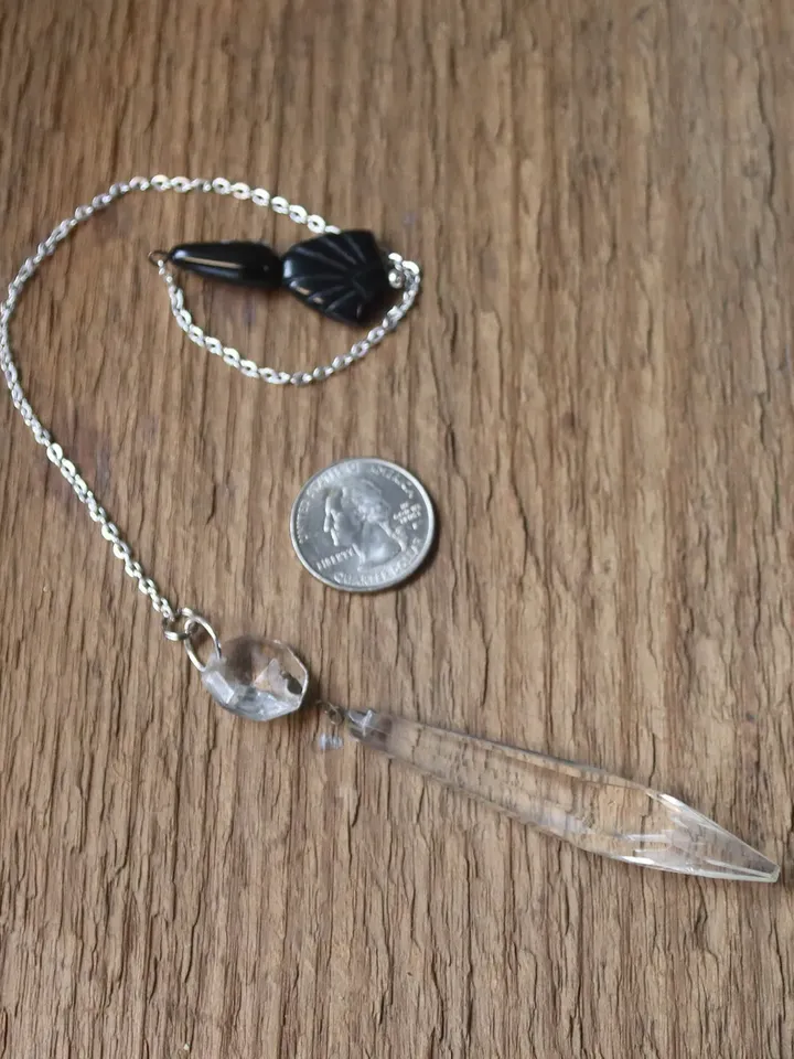 Vintage chandelier crystal pendulum, Silver Tone and Crystal Pendulum with Black Stone Handle, Unique Pendulum