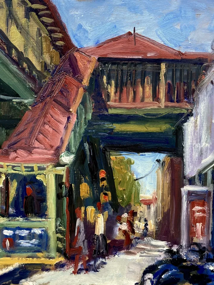 Original New York Cityscape Painting - Under the L/215th Street/Inwood - 10x10 Oil on Panel, Signed NYC Impressionist Plein Air Landscape