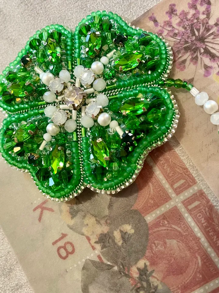 Clover Brooch, Beaded Jewelry, Handmade Embroidered Accessory, Light Green Shamrock Pin, Leaf Brooch, Handmade Brooch