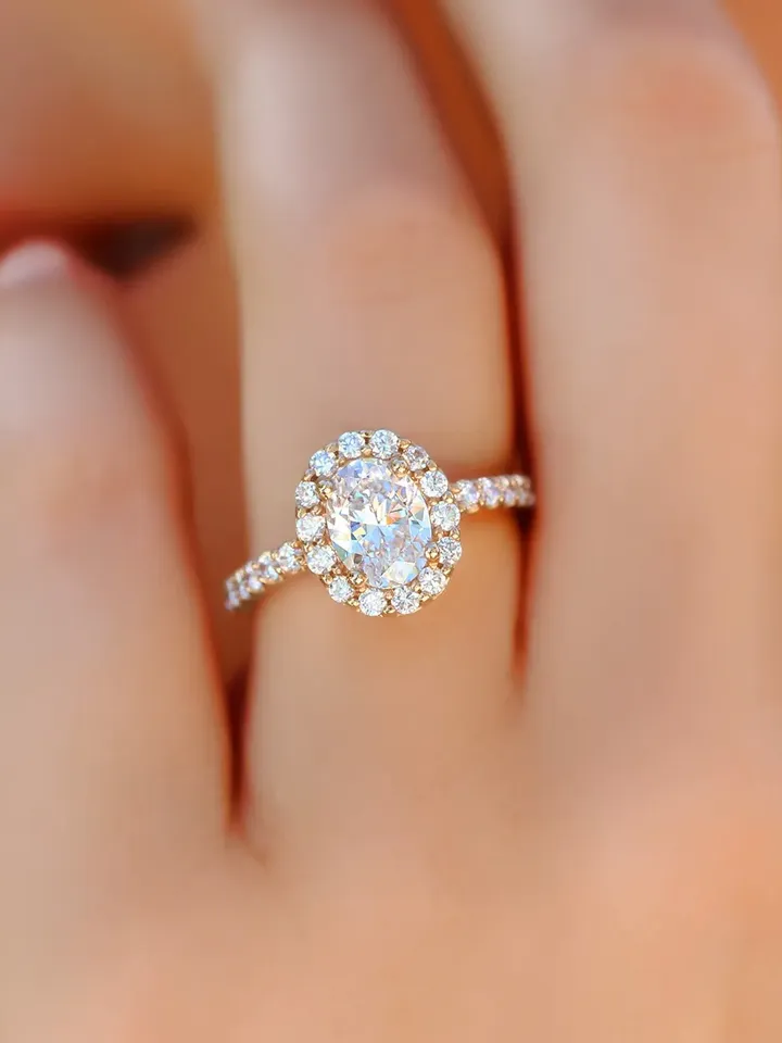 OVAL ENGAGEMENT RING | Halo Oval Cut Moissanite Ring | Rose Gold 1.5 Ct Simulated Diamond Ring | Women Wedding Gifts | Engagement Ring Band