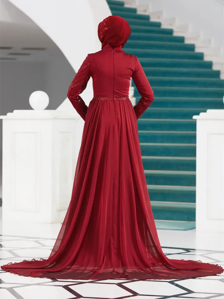 AHUNARE HIJAB - Dila Burgundy Chiffon Wedding Dress, Muslim Evening Gown, Nikah, Islamic Wedding, Engagement, Bridesmaid,