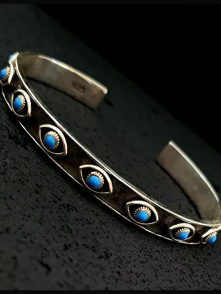 Solid Silver Evil Eye Cuff Bracelet, High Quality Thick & Solid 925 Sterling Silver Handmade  Adjustable Bangle, Christmas Gifts for Women
