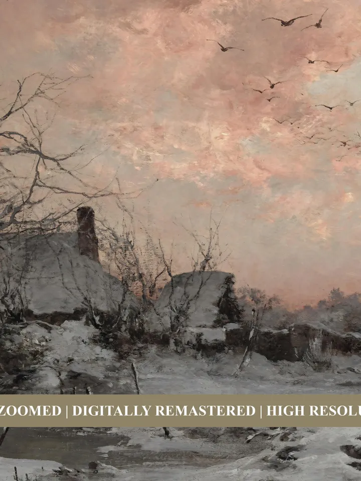 Antique Winter Village Painting, Evening Landscape Printable Art, Vintage Wall Decor, Downloadable | 393