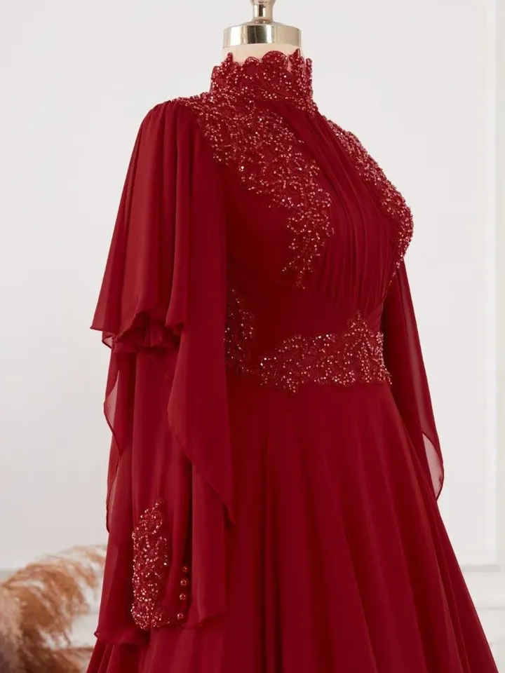 AHUNARE HIJAB - Sedef  Burgundy Chiffon Embroidered Wedding Dress, Muslim Evening Gown, Nikah, Islamic Wedding, Engagement, Bridesmaid,