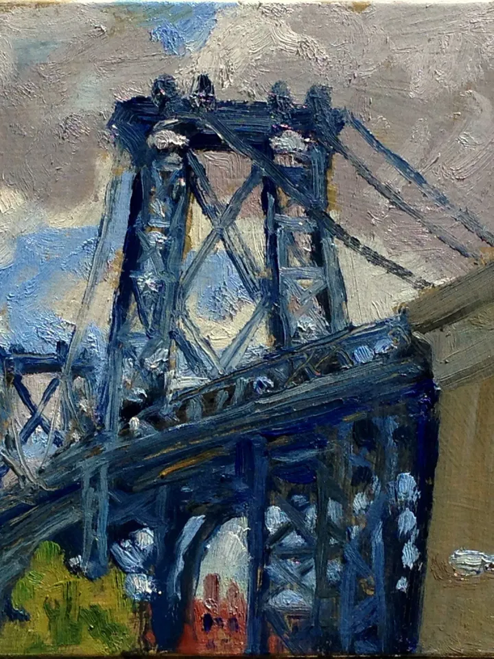 Small New York Cityscape Painting - Williamsburg Bridge/NYC - 6x8 Oil on Panel, Plein Air Impressionist Fine Art, Signed Original Landscape