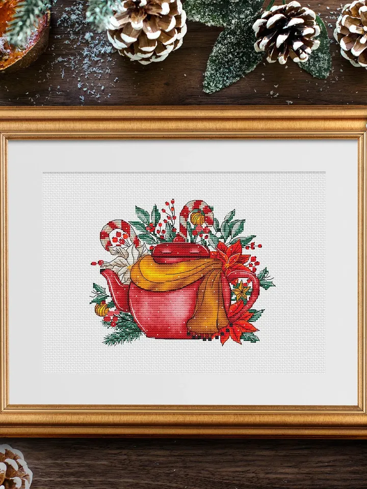Christmas Teapot Cross Stitch Pattern, Christmas Cross Stitch Pattern, Winter Counted Cross Stitch, Christmas Embroidery Digital Pattern