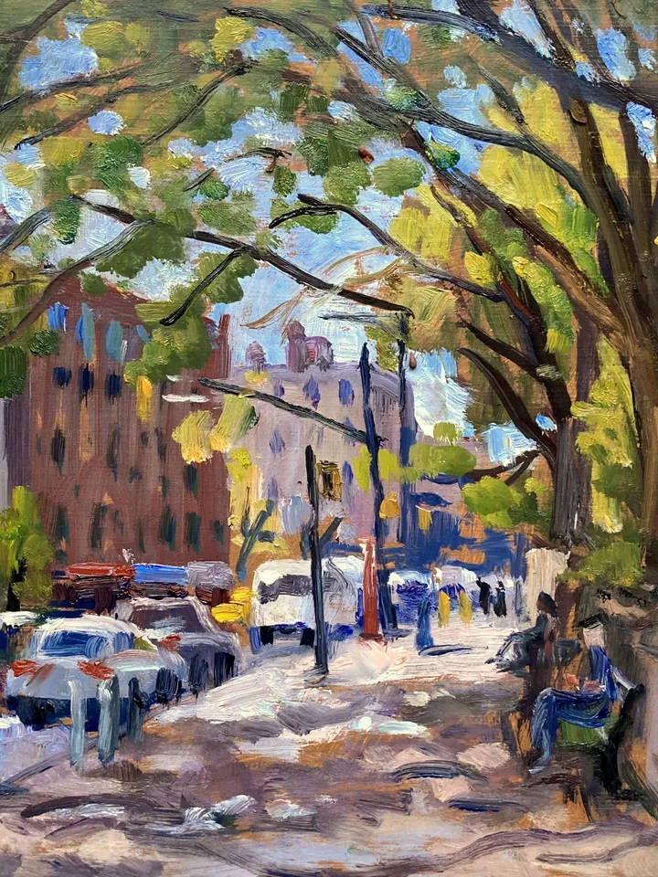Original New York Oil Painting - Summer Light/Inwood/NYC- 10x10 Oil on Panel, Plein Air Impressionist Cityscape, Signed Original Fine Art