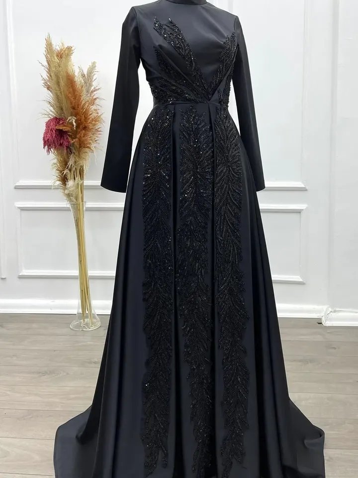 AHUNARE HIJAB - Sude Black Satin Embroidered Wedding Dress, Muslim Evening Gown, Nikah, Islamic Wedding, Engagement, Bridesmaid,