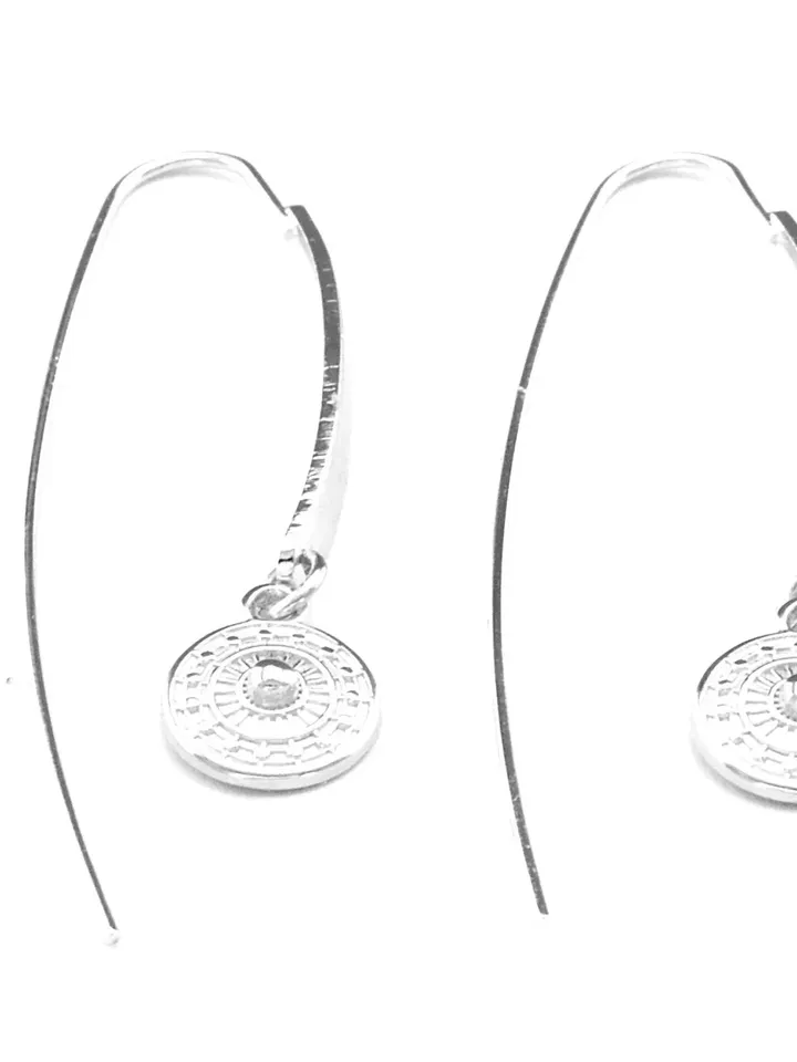 Ethnic Earrings - Drop Earrings with Tiny Ethnic Charm - Coin Earrings - Geometric Jewelry for Her - Minimalist Earrings Silver or Gold