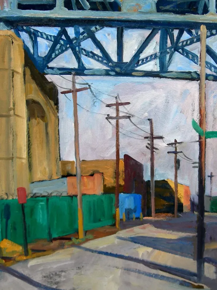 Original New York Cityscape Painting - Kosciuszko Bridge Shadows/NYC - 18x24 Oil on Canvas, Urban Industrial Art, Signed Original Fine Art