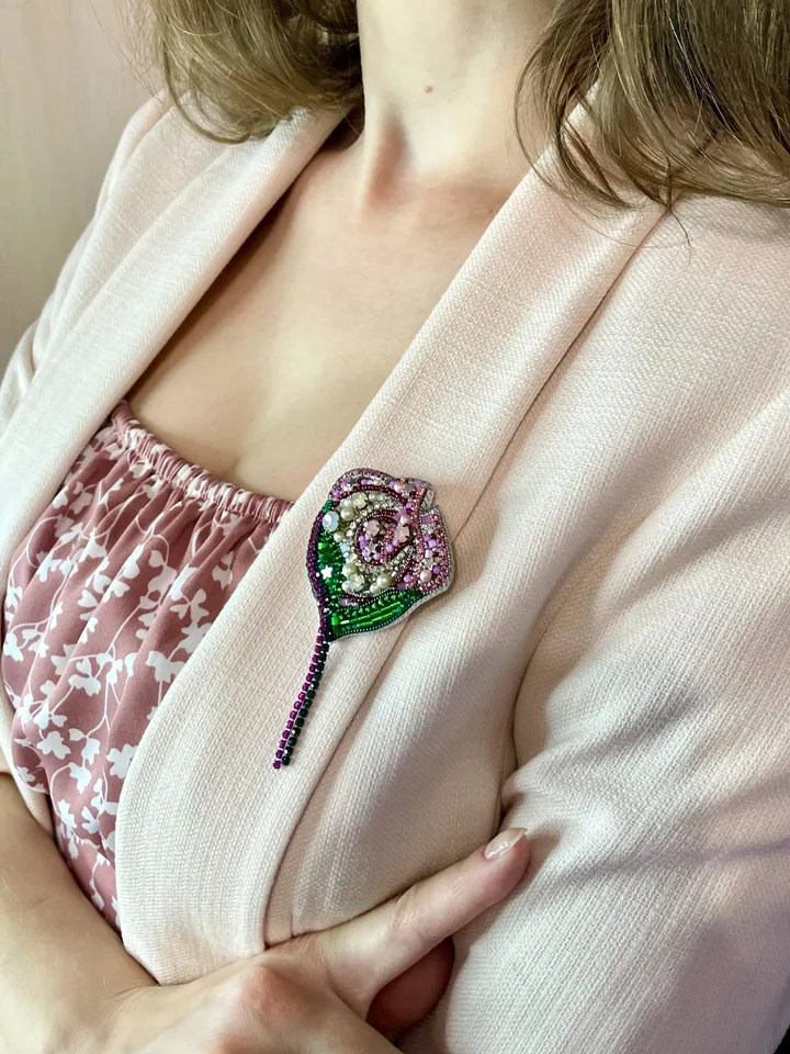 Moon Flower Beaded Brooch, Handmade Embroidered Accessory, Pin Blossom in Pink with Half-moon Crescent, Flower Brooch