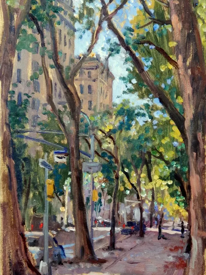 Original New York Cityscape Painting - Along Central Park/Fifth Avenue/NYC - 10x18 Oil on Panel, Plein Air Impressionist Landscape