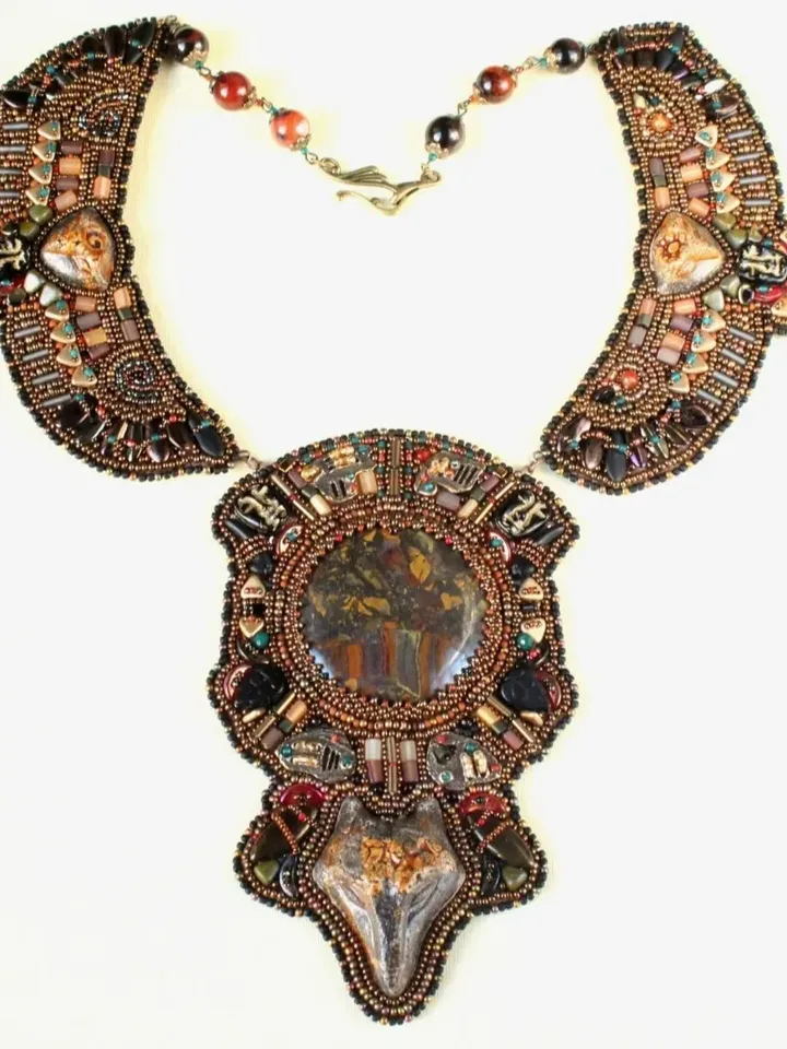 Embroidered necklace Spirits of the forest beaded necklace agate owl fox necklace ethnic boho necklace talisman totem